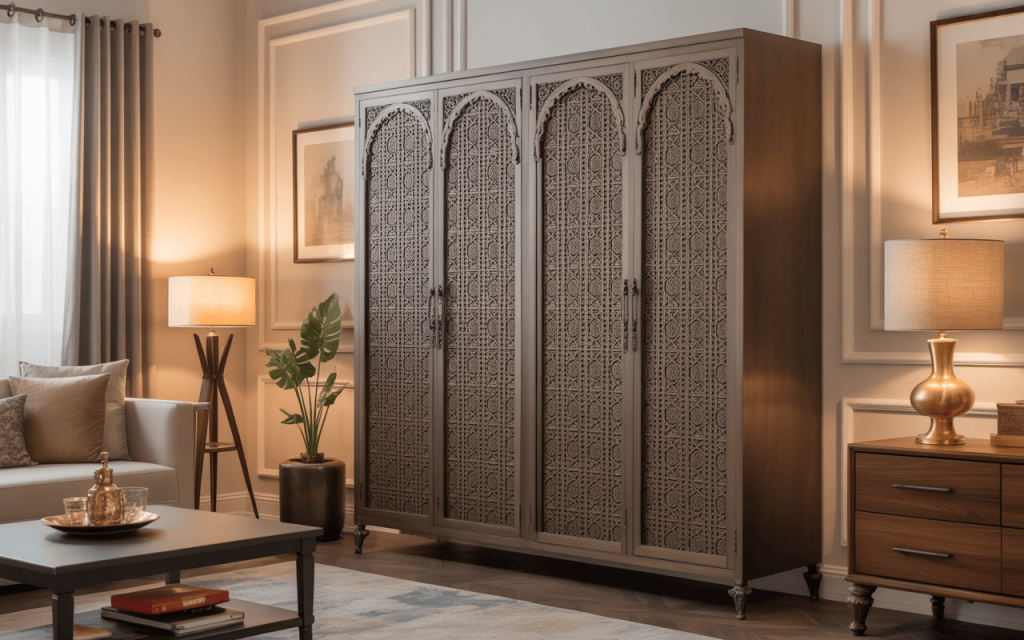 Elegant designer iron almirah with jaali pattern adds charm to living space