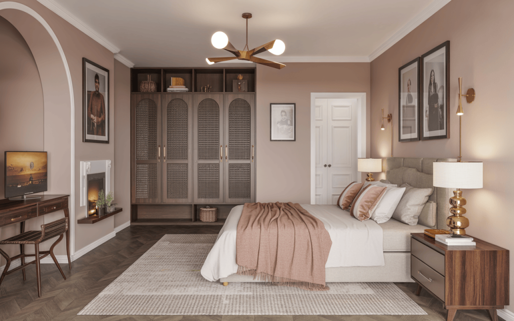 Elegant iron almirah design for bedroom with cane panels and modern open shelves