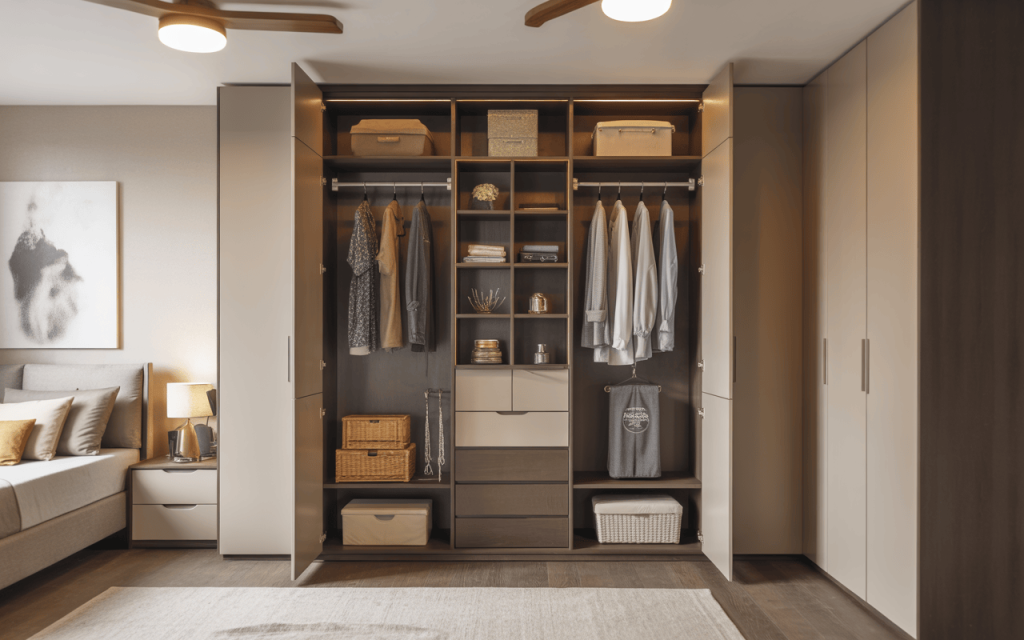 Modern iron almirah interior design with open shelves and smart hanging space