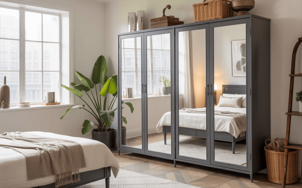 Elegant iron almirah design for bedroom with full mirror doors and modern finish