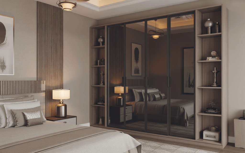 Modern iron almirah design in wall with mirrored doors and open shelf sides