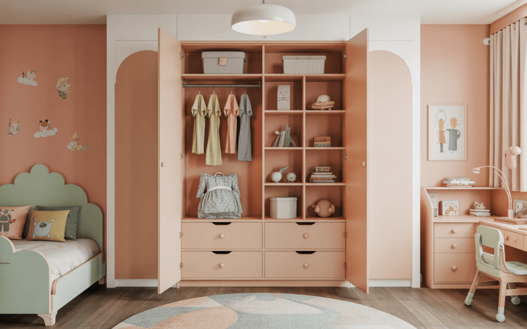 Charming iron almirah design for bedroom with peach tones and kids’ storage setup