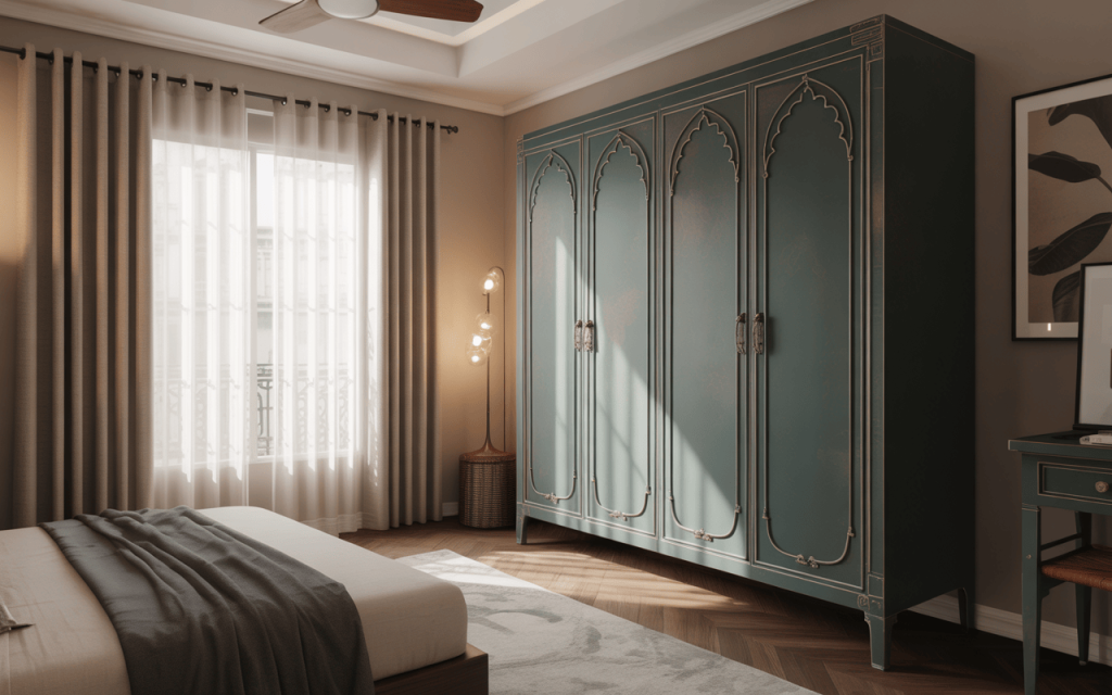 Elegant iron almirah design with classic detailing for stylish modern bedrooms