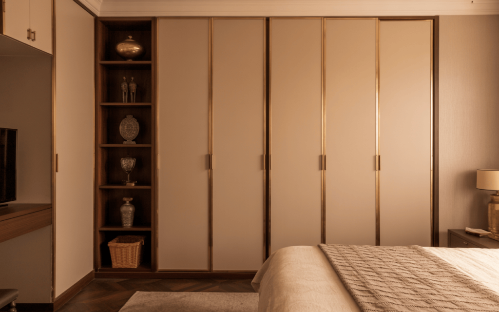 Minimal iron almirah design for bedroom with gold trims and side open shelf unit