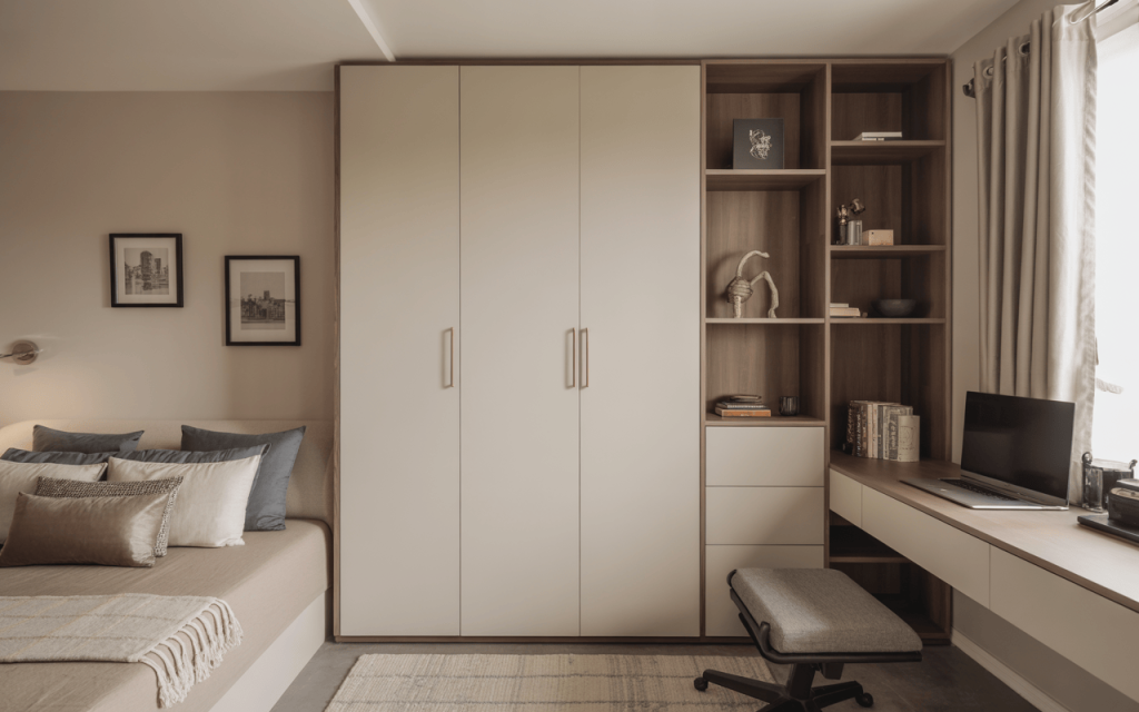 Smart iron almirah design in wall with study table and open wood shelving