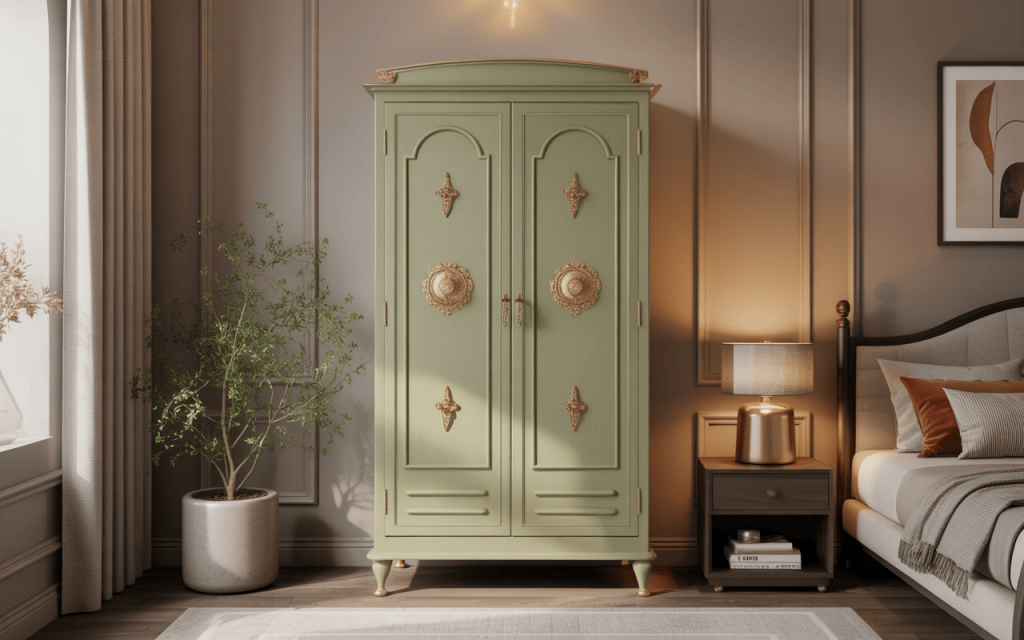 Classic iron almirah design in pastel green with ornate golden detailing for bedrooms