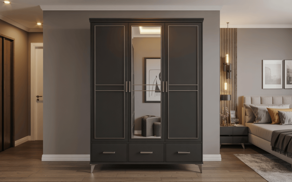 Modern 3 door iron almirah design with mirror panel for stylish bedroom storage