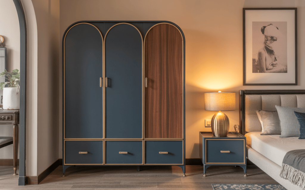Modern 3 door iron almirah design in navy and wood tones with elegant curves