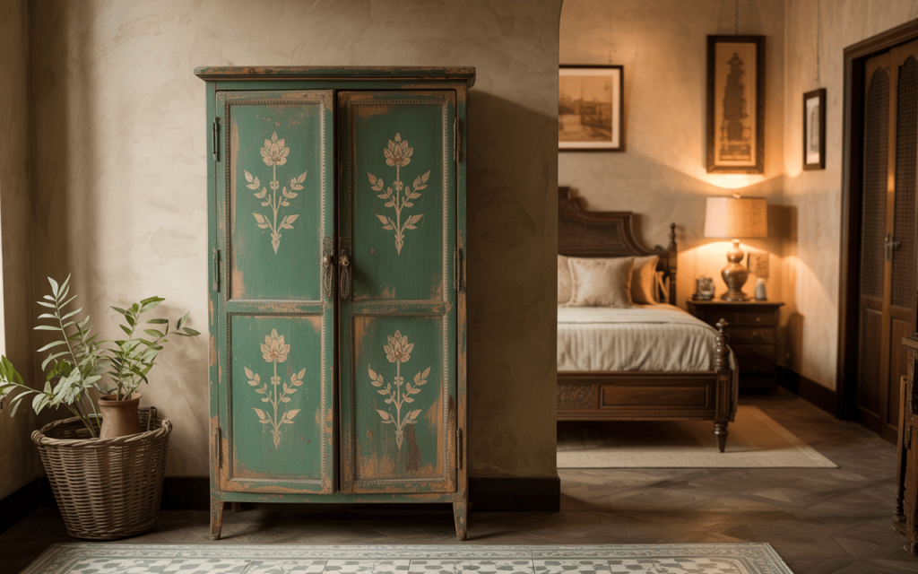 Vintage iron almirah paint design with hand-painted floral art in rustic green
