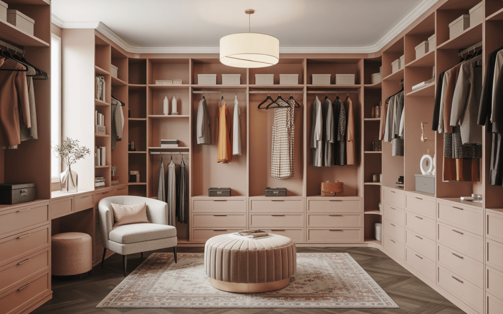Elegant walk in closet dressing room with blush pink tones and cozy seating space