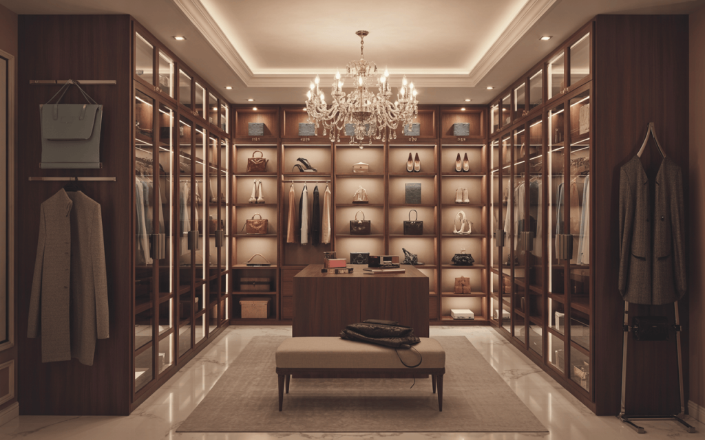 Elegant luxury walk in closet with glass wardrobes and chandelier lighting