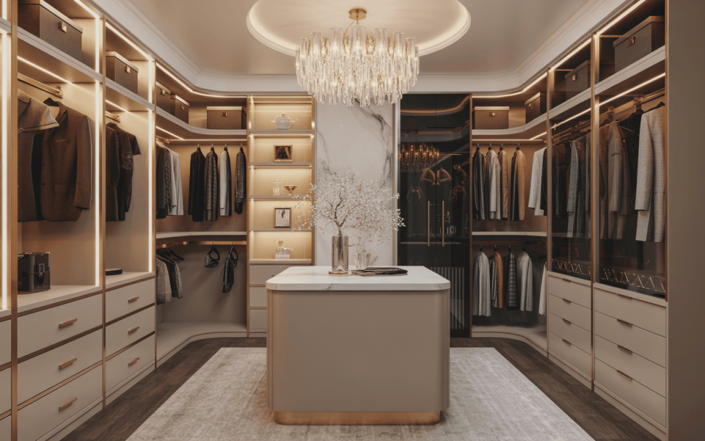 Elegant luxury walk in closet with chandelier and gold-accented storage island
