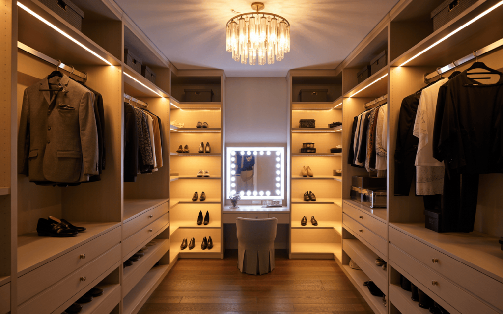 Elegant walk in closet dressing room with vanity and ambient lighting