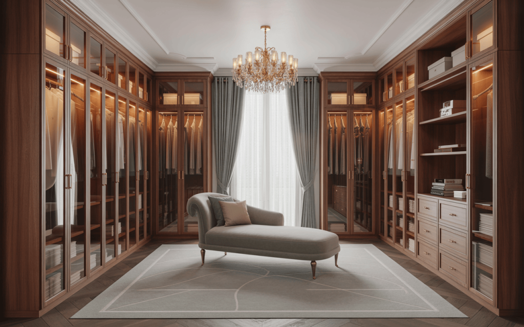 Elegant wood walk in closet with glass doors and a stylish chaise lounge setup