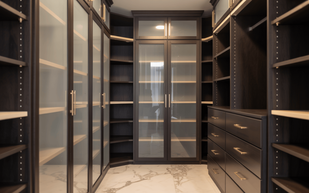 Modern walk in closet wardrobe with dark wood finish and glass panel doors