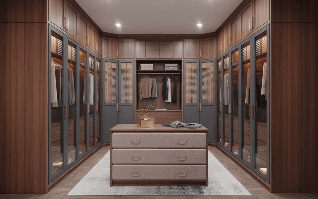 Elegant luxury walk in closet with wooden finishes and glass wardrobe panels