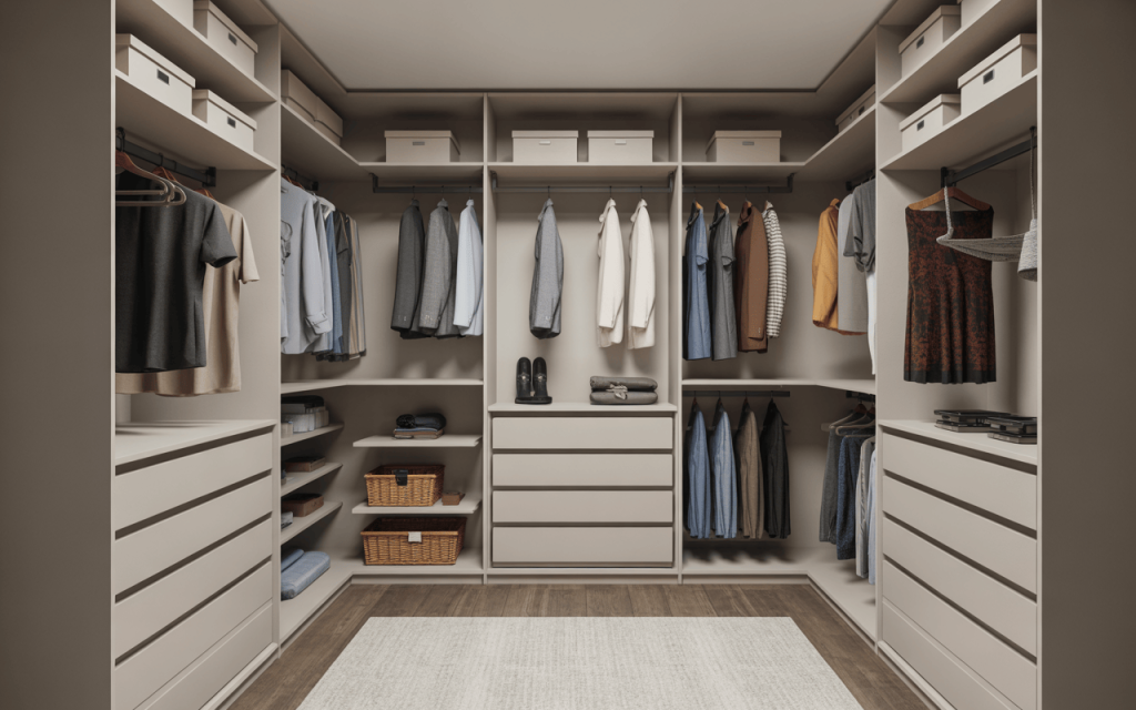 Smart walk in closet design with built-in drawers and organized hanging space