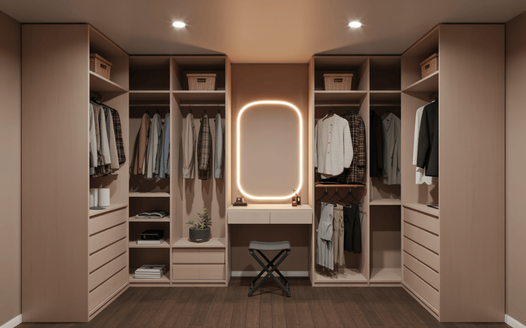 Minimalist modern small walk in closet with warm lighting and sleek vanity mirror