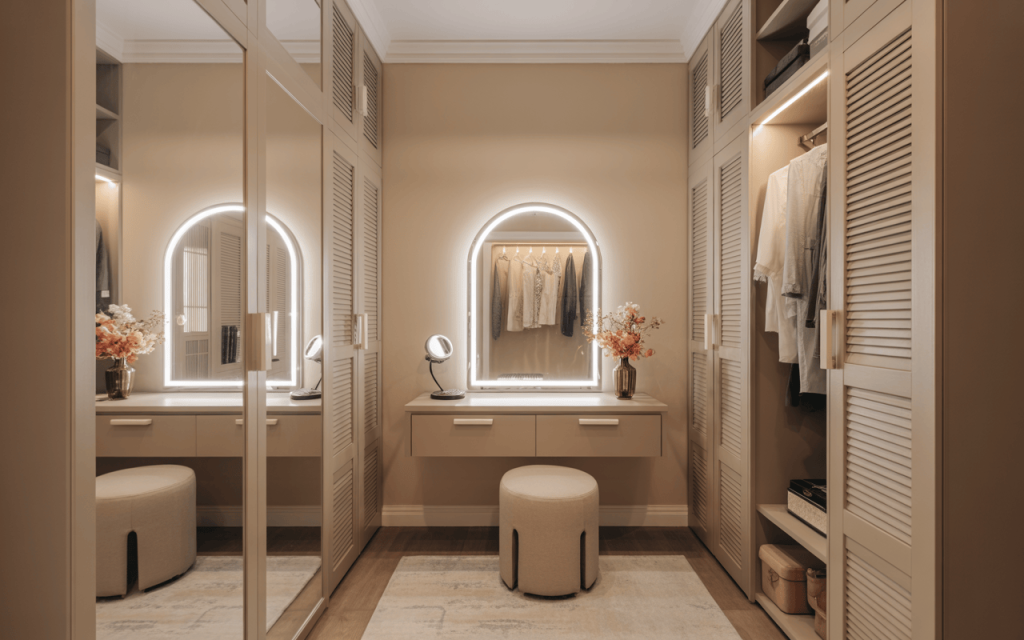 Elegant walk in closet ideas with soft lighting and built-in vanity space