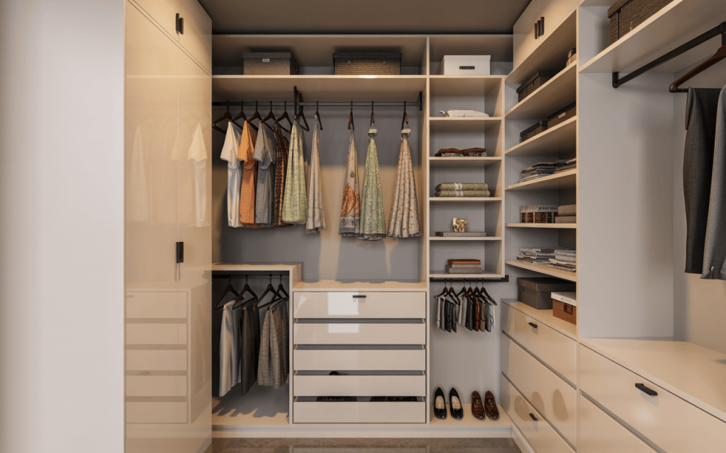 Elegant modern small walk in closet with glossy storage and open shelving