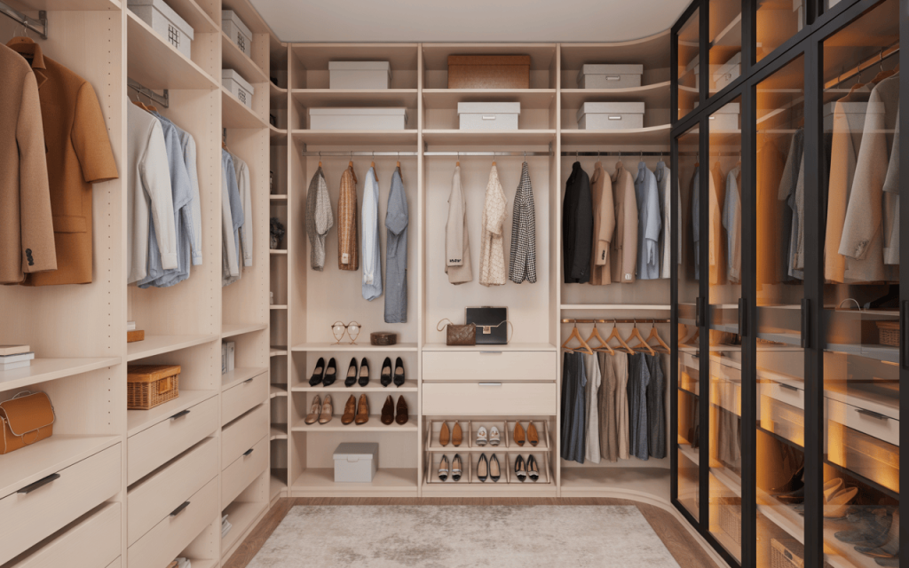 Stylish walk in closet wardrobe with glass doors and organized storage layout