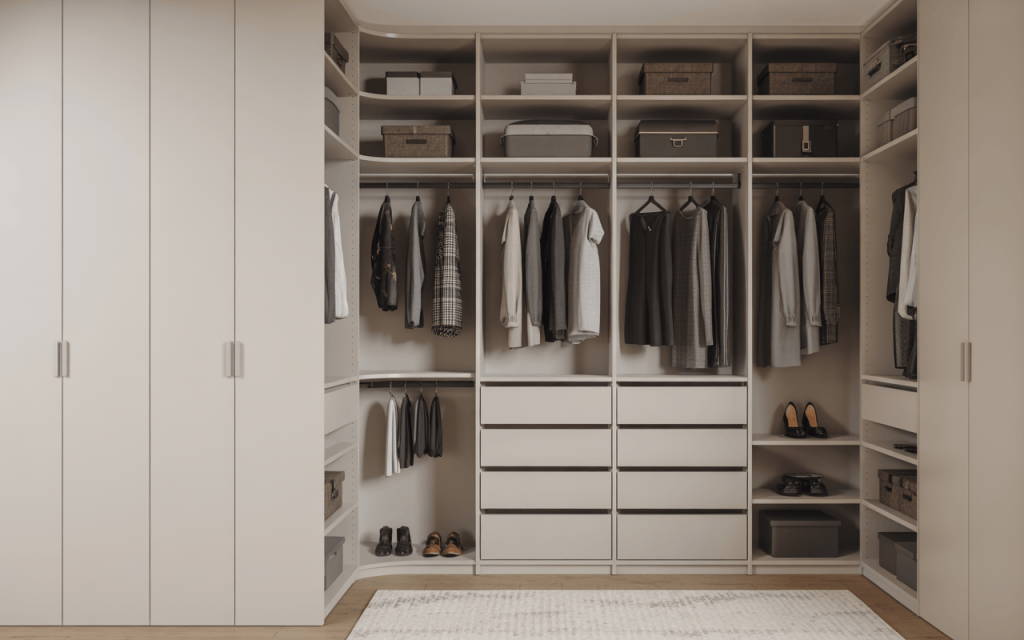 Minimal walk in closet wardrobe with open storage for clothes and accessories