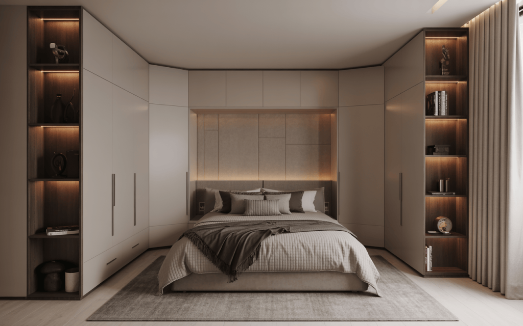 Luxurious corner l shaped wardrobe design with backlit shelves and a cozy bed setup