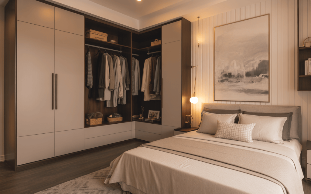 Cozy l shape wardrobe internal design with open storage and hanging space setup