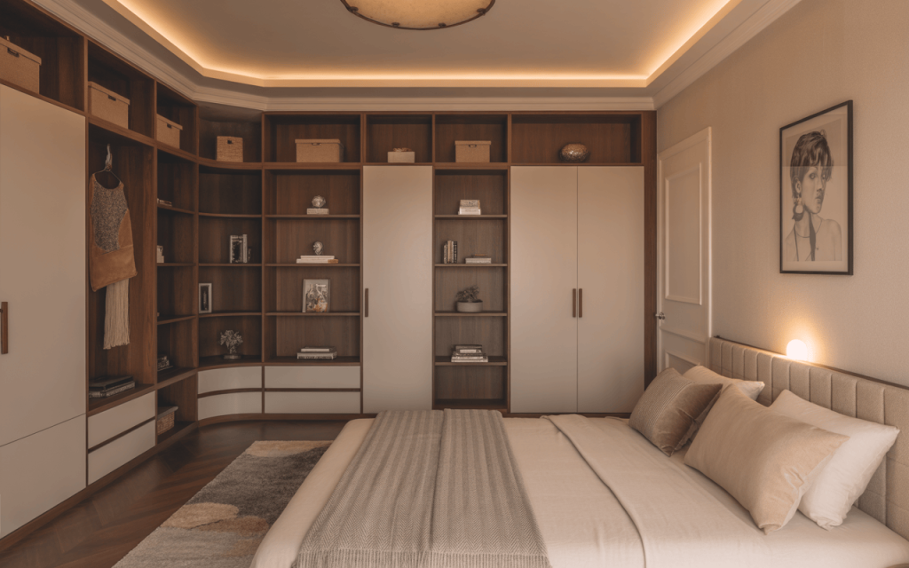 Curved l shaped wardrobe design ideas with open shelves and cozy bedroom layout