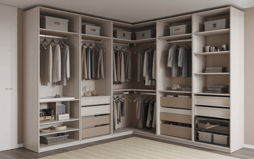 Organized l shape wardrobe internal design with shelves, hangers, and drawers
