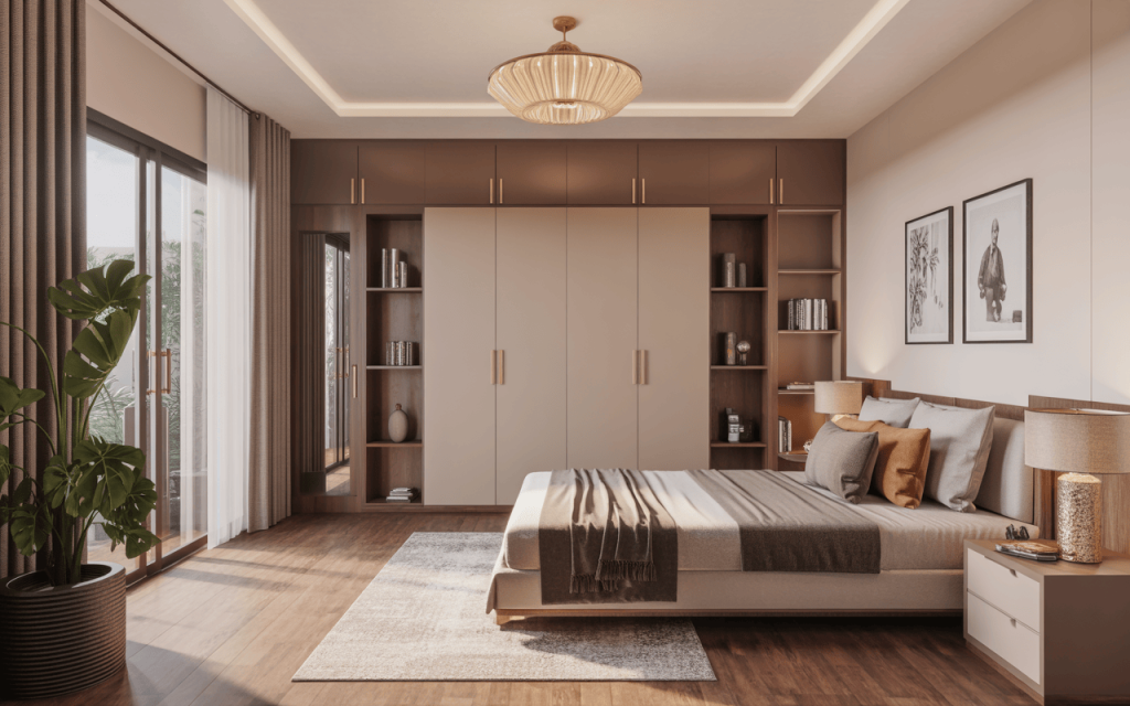 Elegant master bedroom l shape wardrobe design with warm tones and wood textures