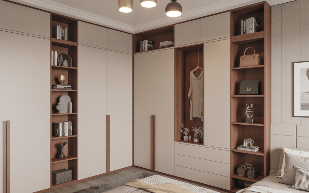 Stylish l shaped wardrobe design for bedroom with open shelves and hanging space