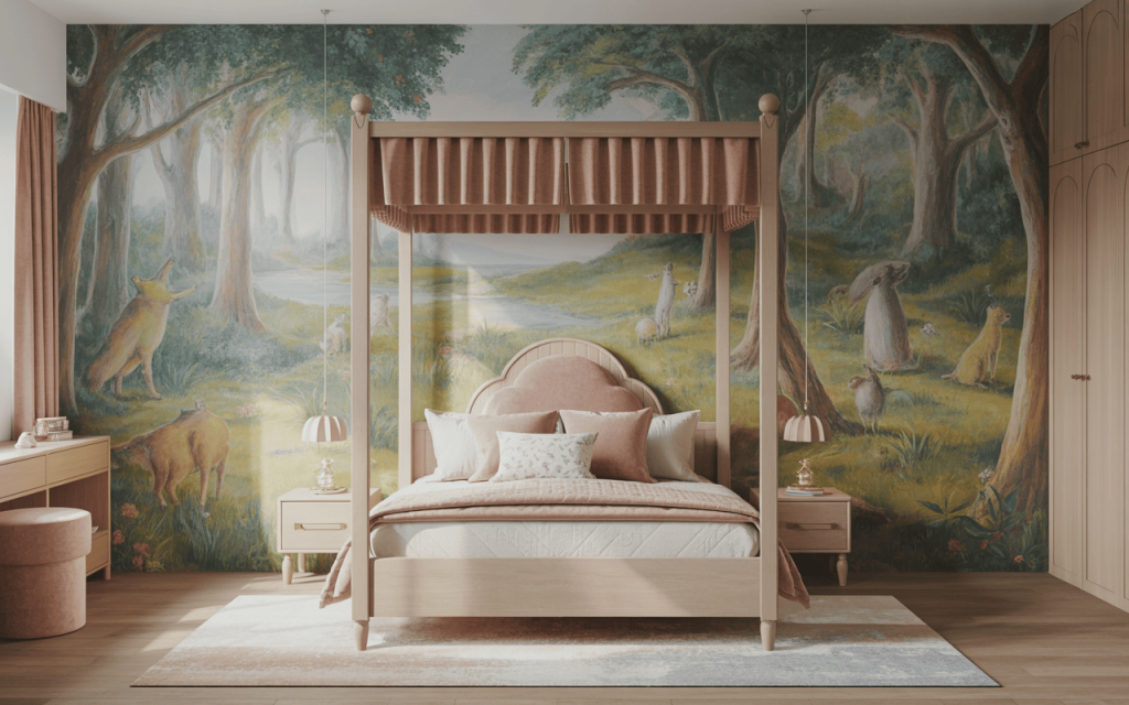 Enchanting kids bedroom wall painting design with forest animals and storybook decor