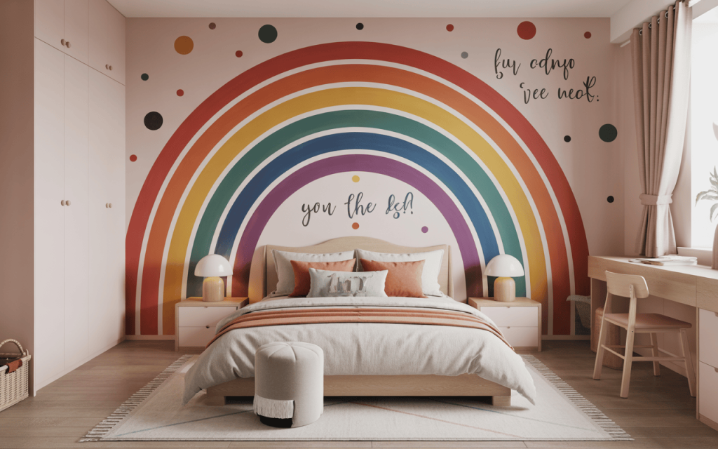 Vibrant colourful kids bedroom wall design with rainbow mural and cozy setup