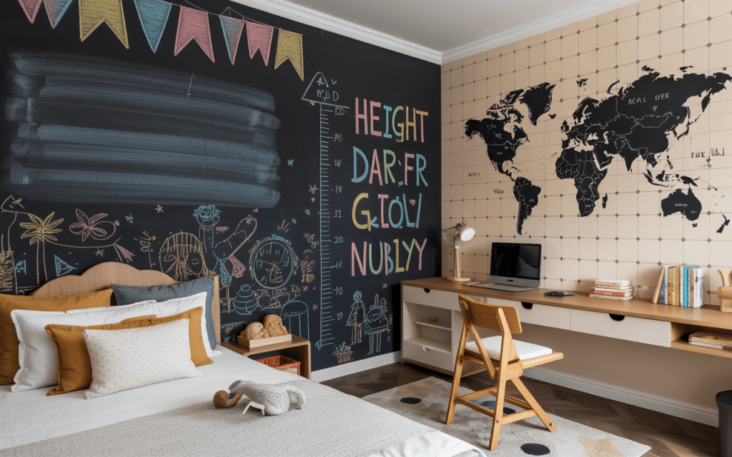 Creative kids bedroom wall painting design with chalkboard and world map art