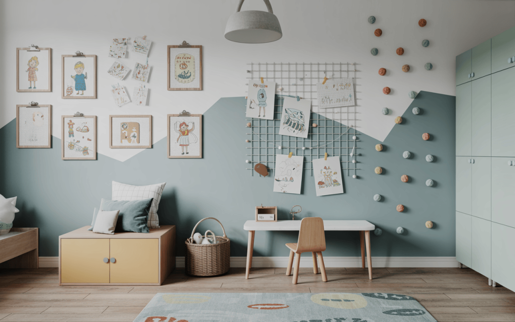 Creative kids bedroom wall decor with art frames, books and climbing grips
