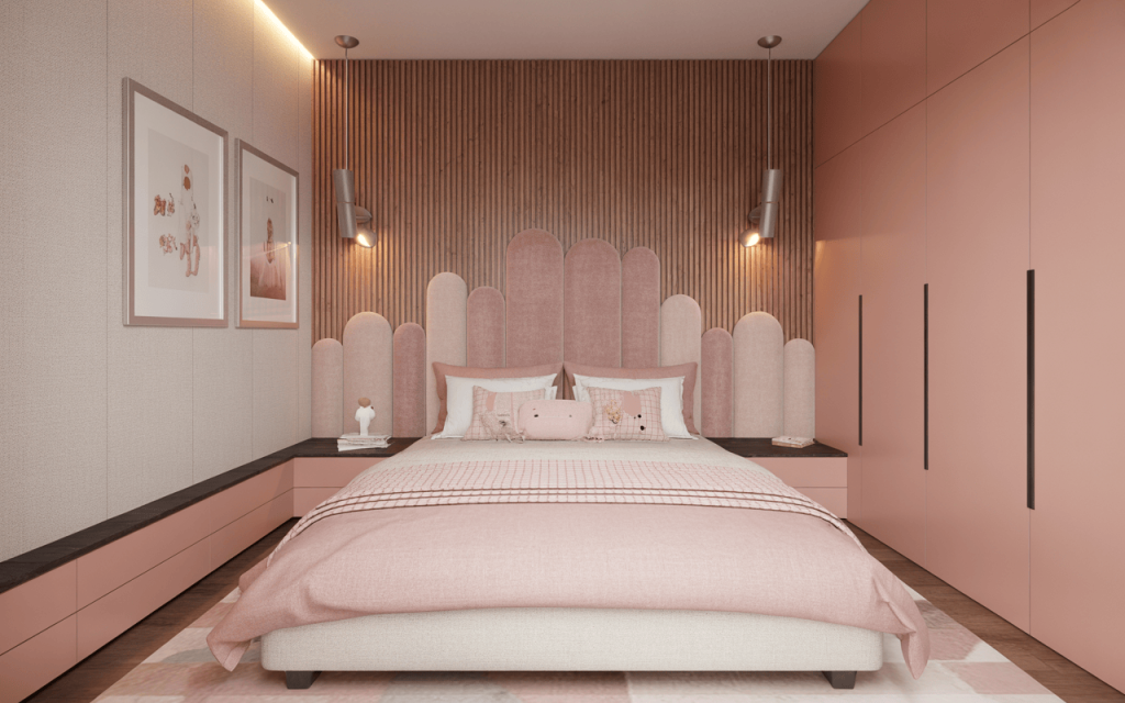 Chic modern kids bedroom wall design with scalloped panels and soft pink tones