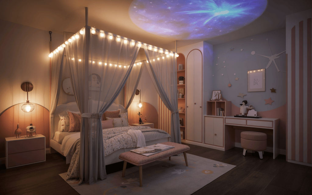 Dreamy modern kids bedroom wall design with canopy bed and celestial ceiling lights