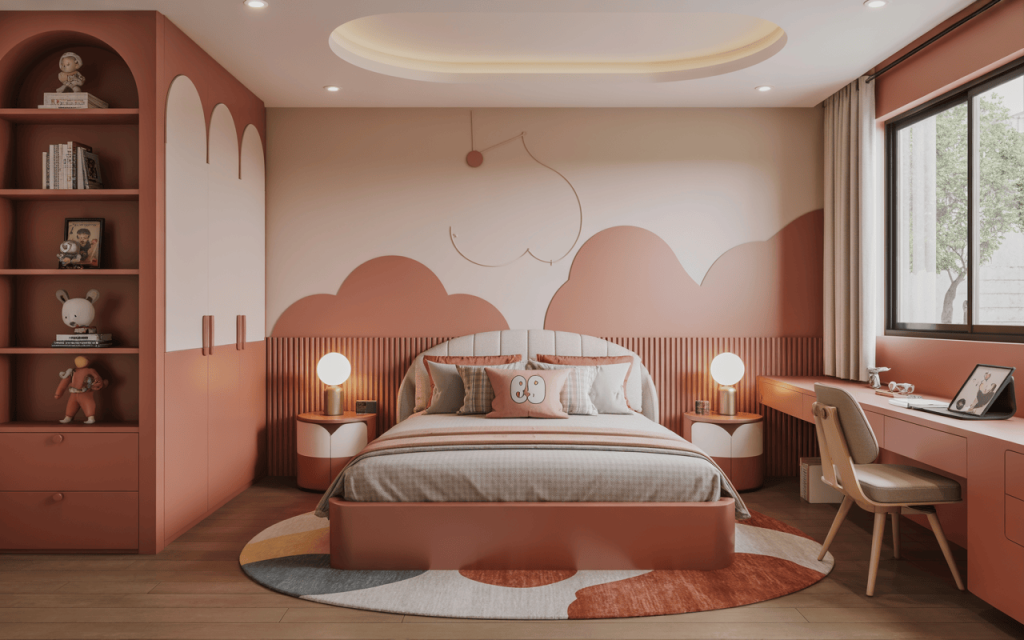 Playful kids bedroom wall design with peach cloud art, toys, books and study table