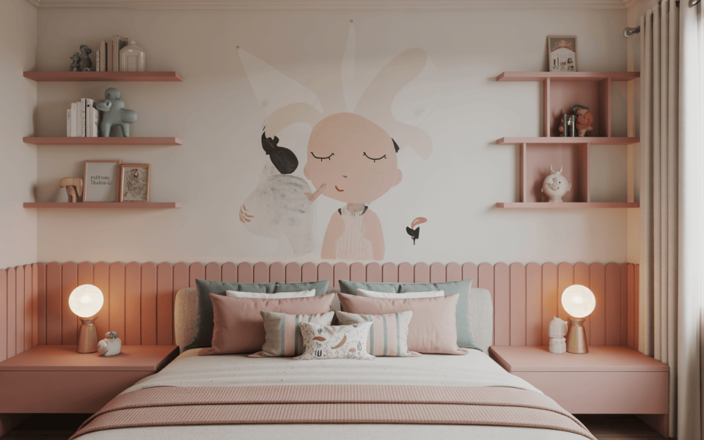 Adorable kids bedroom wall painting design with soft tones and cute character art