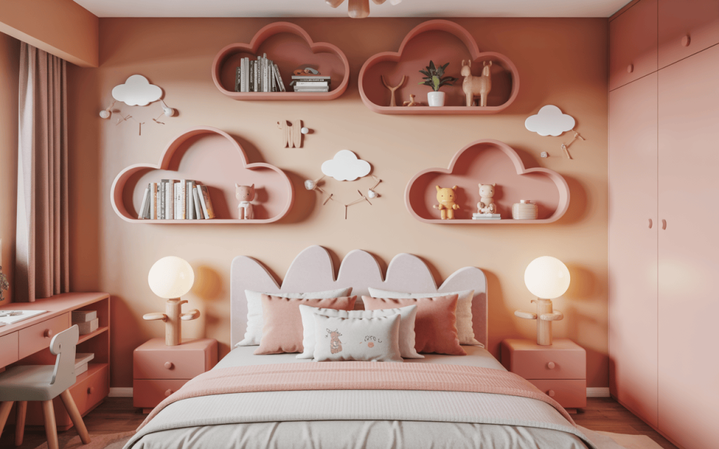 Whimsical kids bedroom wall design with cloud bookshelves and plush toys