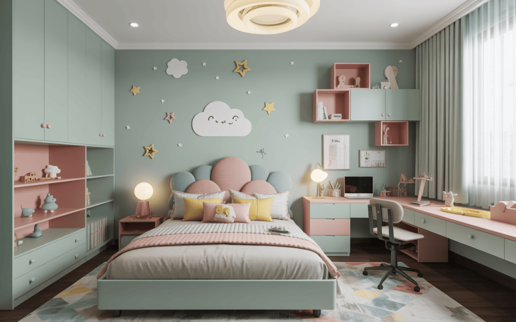 Playful kids bedroom wall stickers design with clouds, stars and pastel tones