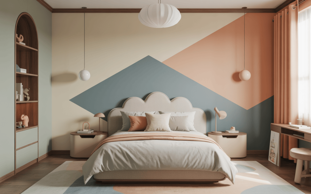 Elegant kids bedroom wall painting design with soft pastel hues and bookshelf decor