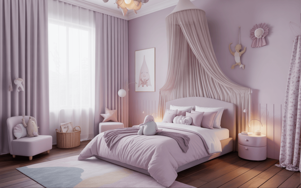 Soft-toned simple kids bedroom wall design with canopy and pastel decor