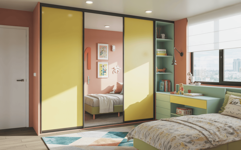Bright modern kids bedroom cupboard designs with mirror and smart storage shelves