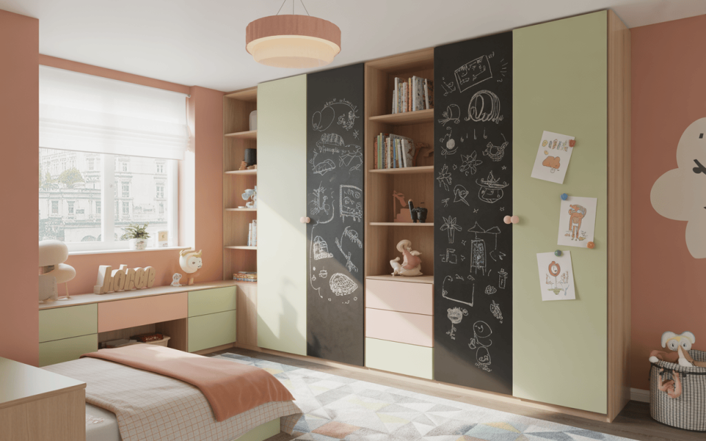 Latest kids bedroom cupboard designs with books and chalkboard doors