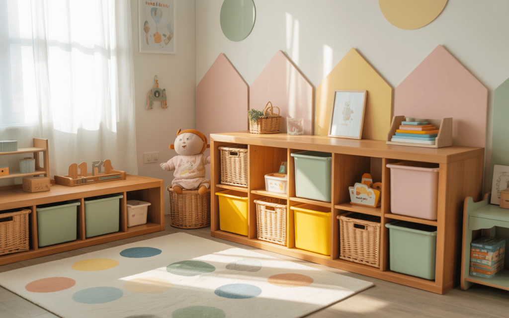Bright small kids bedroom cupboard designs with baskets, books and toy storage bins