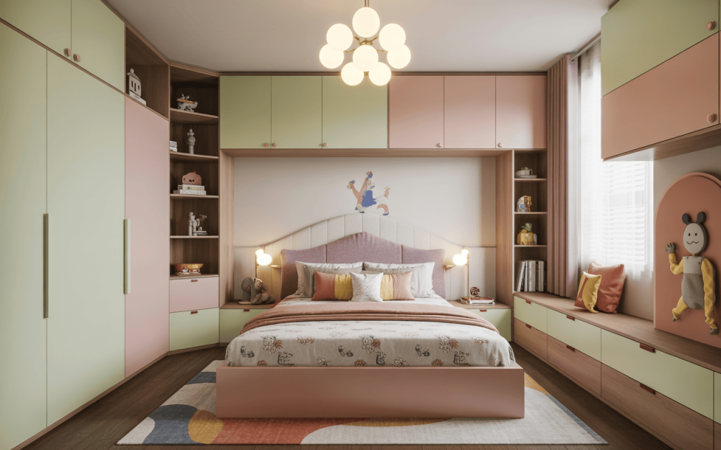 Stylish kids bedroom cupboard designs with books and pastel storage space