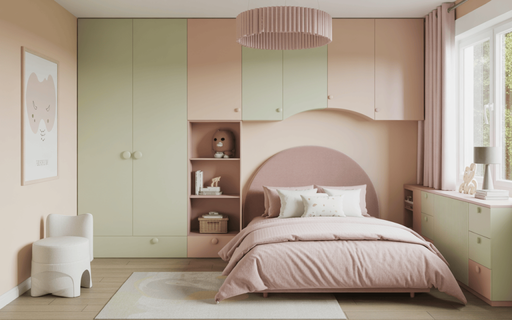 Charming stylish kids bedroom cupboard designs with books and pastel storage
