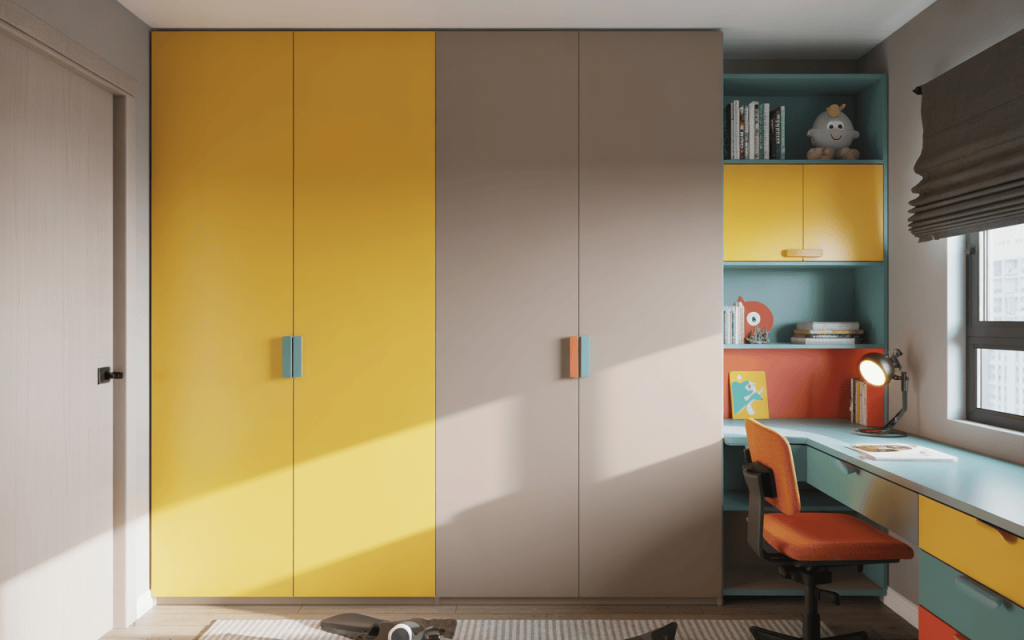Colorful modern kids bedroom cupboard designs with books and study space